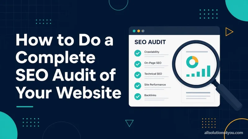 An SEO audit panel listing crawlability, on-page SEO, technical SEO, site performance and backlinks all ticked, under a magnifying glass.