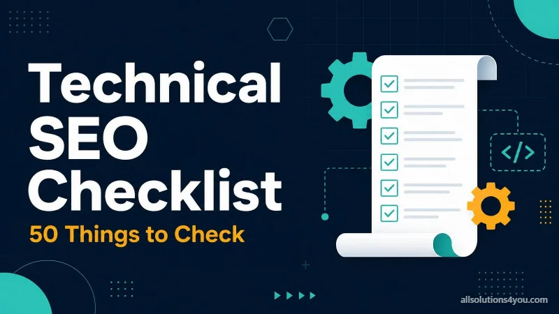 A scroll of ticked checklist items flanked by gear icons and a code symbol.