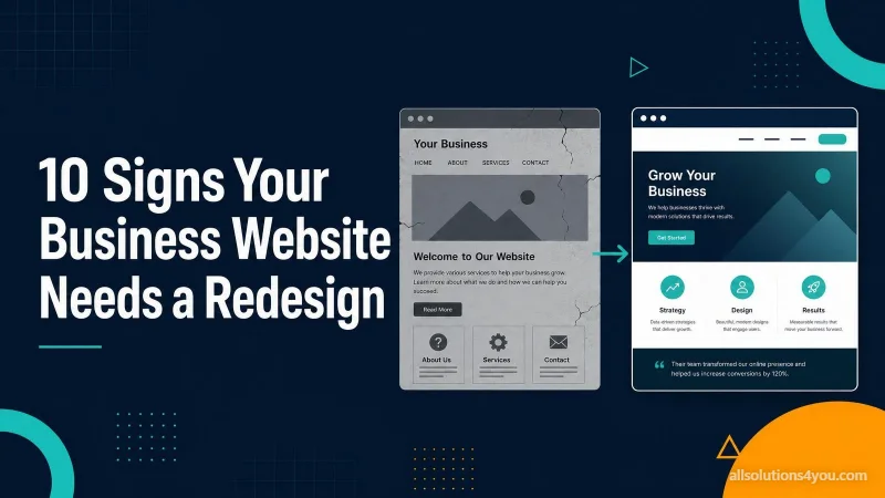 A cracked, dated website beside a modern redesign showing strategy, design and results panels and a client quote.