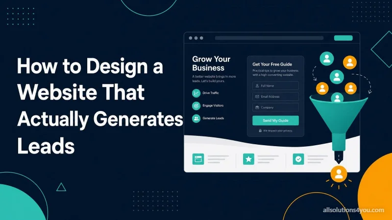 A website mockup with a lead capture form, feeding a funnel that collects visitor avatars into a single lead.