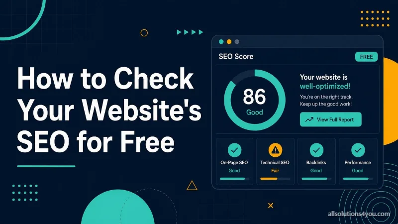 An SEO score dial reading 86 out of 100, with on-page SEO, technical SEO, backlinks and performance broken out beneath.
