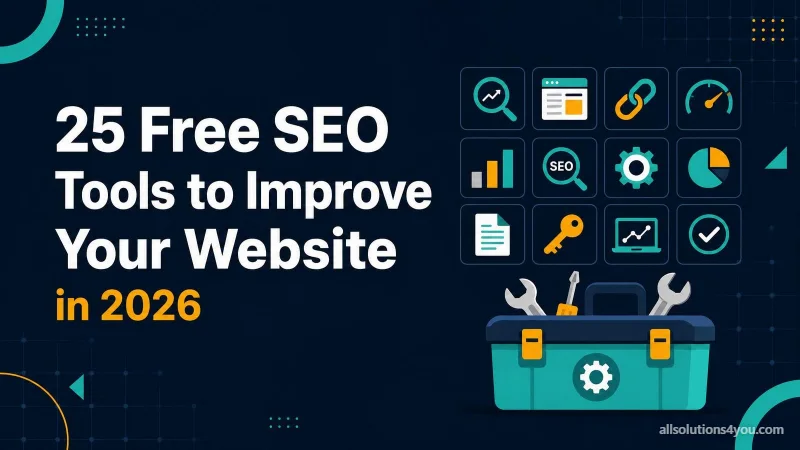 A grid of SEO tool icons above an open toolbox holding spanners and a screwdriver.