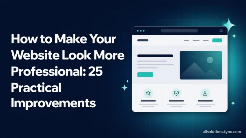 A clean website mockup with a headline, image panel and three feature icons, surrounded by sparkles.