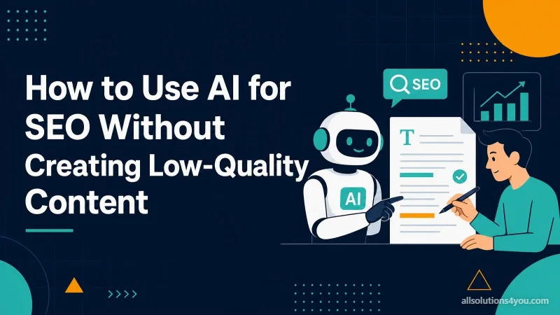 A robot and a person working together over a document marked SEO, with a rising chart behind them.